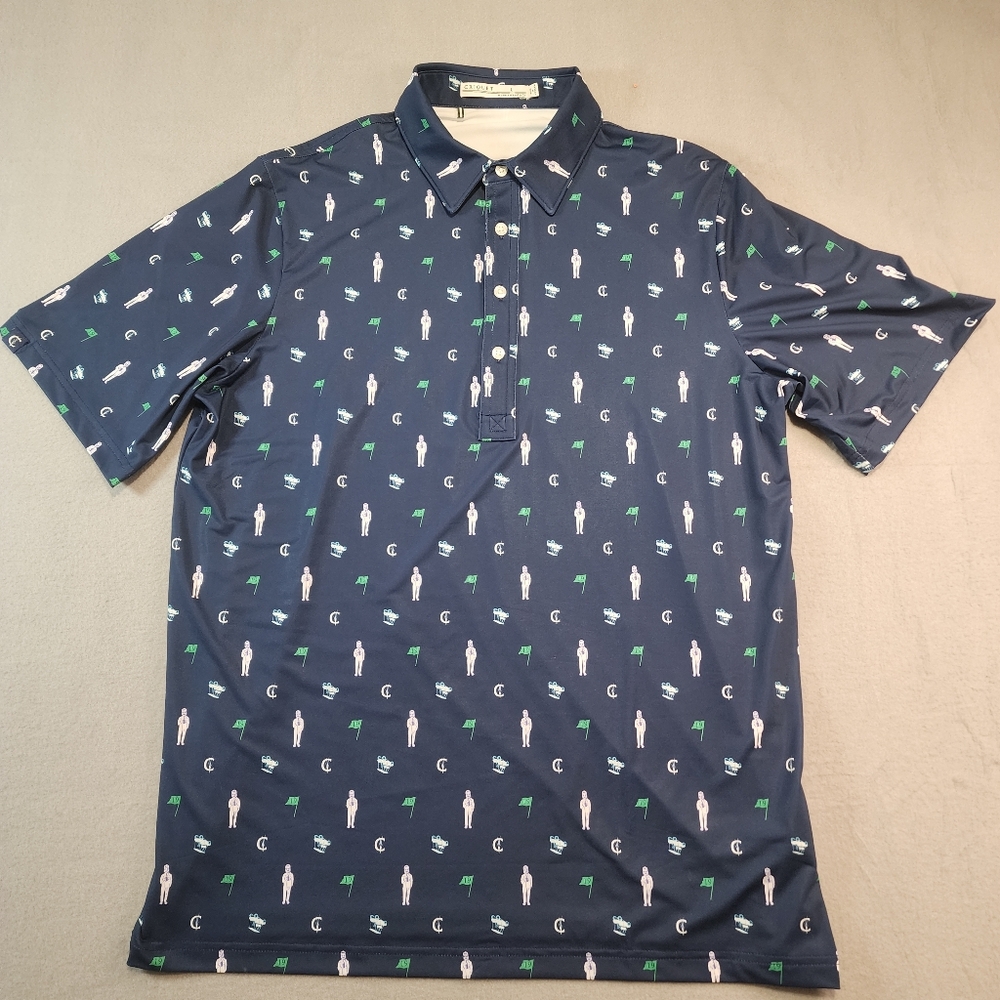 Criquet Golf Polo Mens Large Blue All Over Print Performance Stretch Shirt